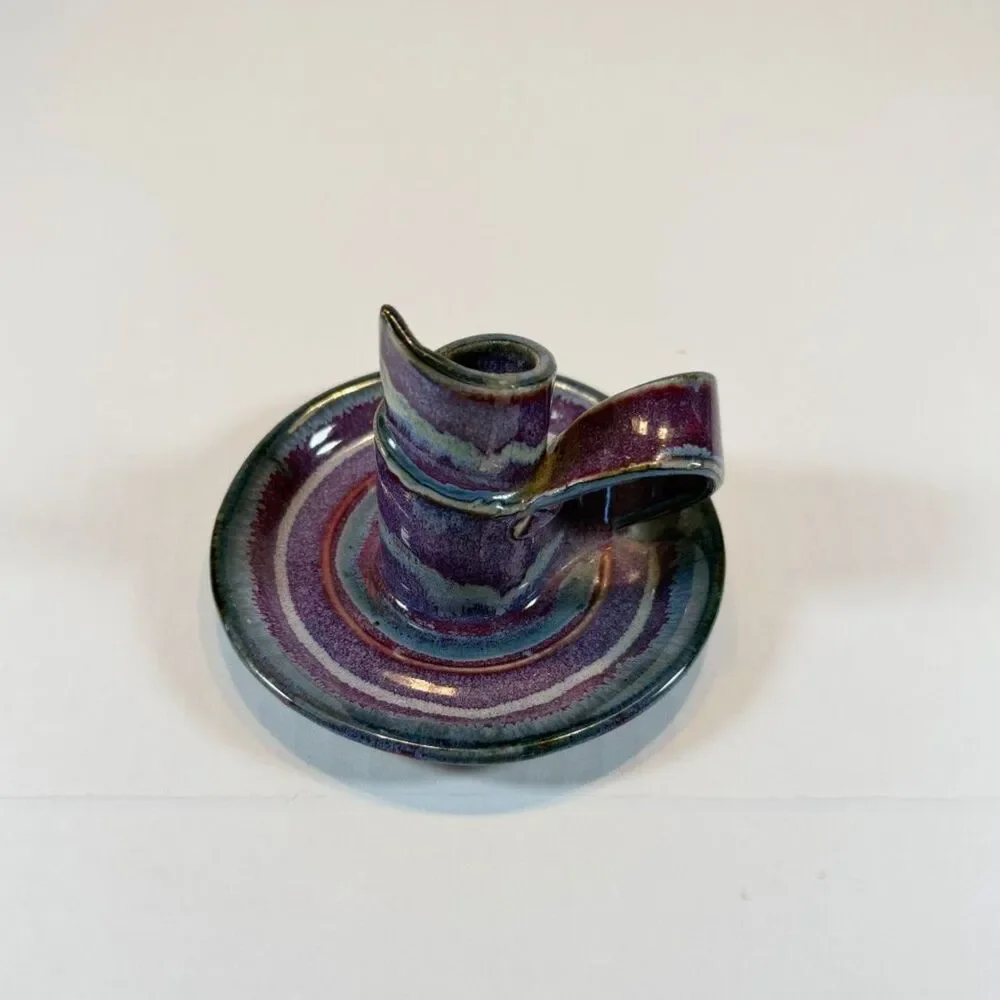 Vintage Bay Pottery Ceramic Chamberstick Candle Holder Purple Blue Drip Glaze